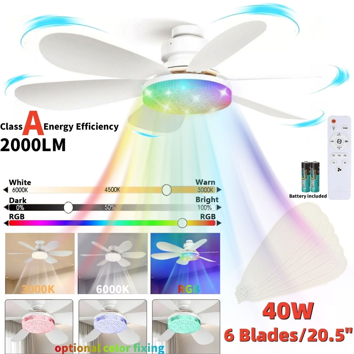 DnxnIaIfy Ceiling Fans with Light, Socket Screw with Remote Control 20.5”ABS Modern Crystal Fan Light, Multi-Color RGB Adjustable Brightness \u0026 Color Temperature with Emergency Stop Memory Timer,White